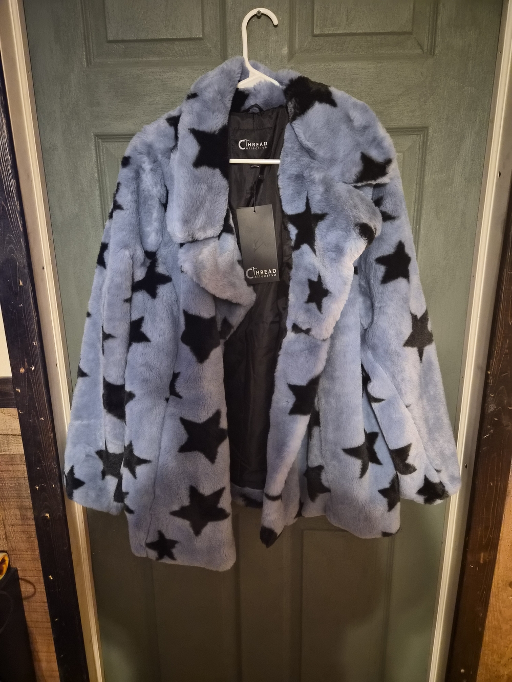 NVLT Light Blue Faux Fur Peacoat with Black Star Print - Picture 3 of 14